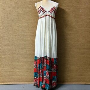 Entro Maxi Dress Women’s Large Cream with Multi-pattern Hem Embroidered